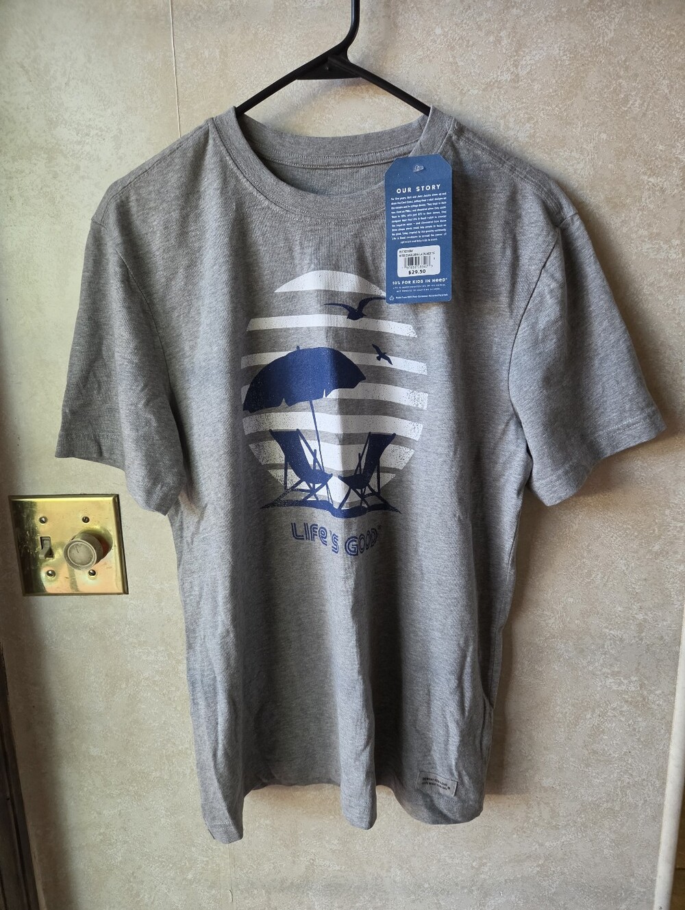 Life Is Good Gray Tee with Navy Beach Graphic